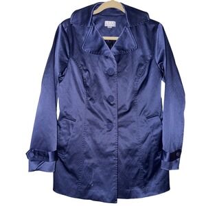 Joan Rivers Satin Trench Coat Navy Blue Button Front vintage Size S
